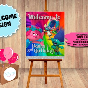 Signo de bienvenida para el cumpleaños de la fiesta de Trolls - Cartel de bienvenida - DESCARGA DIGITAL de Welcome Party World - Suministros imprimibles