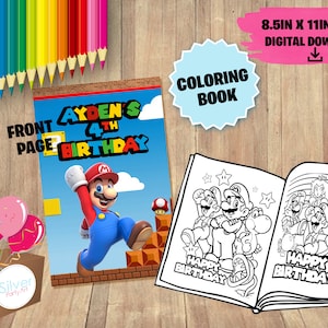 Ausmalbuch für Geburtstagsparty mit Mario Bros - DIGITALER DOWNLOAD - Buch Cover und 4 Seiten zum Ausmalen (11in x 8,5in)