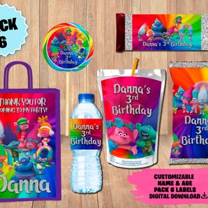 Labels for Trolls Party Pack - Chip Bag - Favor Bag - Juice - Water Bottle - Chocolate Wrapper - Lollipop - DIGITAL DOWNLOAD -