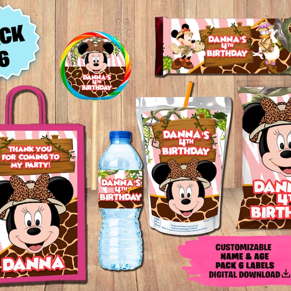 Labels for Minnie Mouse Safari Party Pack - Chip Bag - Favor Bag - Juice - Water Bottle - Chocolate Wrapper - Lollipop - DIGITAL DOWNLOAD