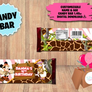Etiquetas para Minnie Mouse Safari Party - Etiqueta de barra de caramelo - Etiqueta de chocolate de 1,45 oz - DESCARGA DIGITAL - Imprimible - Suministros de cumpleaños.