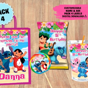 Etichette per Lilo e Stitch Party Pack - Chip Bag - Favor Bag - Etichetta succo - Lecca-lecca - DOWNLOAD DIGITALE - Confezione da 4