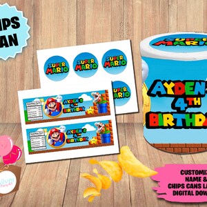 Etiketten für Mario Bros Party Chips Dose 1,3 Unzen Snack, Etikett & Verpackung für Super Mario Bros, personalisiert, DIGITALE Datei druckbare, Chips-Etikett