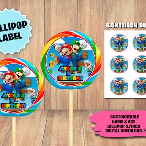 Mario Bros Lollipop - Lollipop Geburtstag Mario Bros - Nur DIGITALER DOWNLOAD für Lollipop 7"