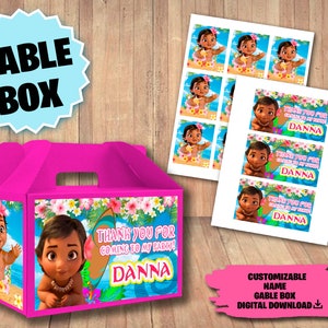 Étiquette pour fête d'anniversaire de bébé Moana - étiquette de boîte à pignon Moana - étiquette de boîte cadeau Moana - téléchargement numérique - étiquette de boîte de fête imprimable