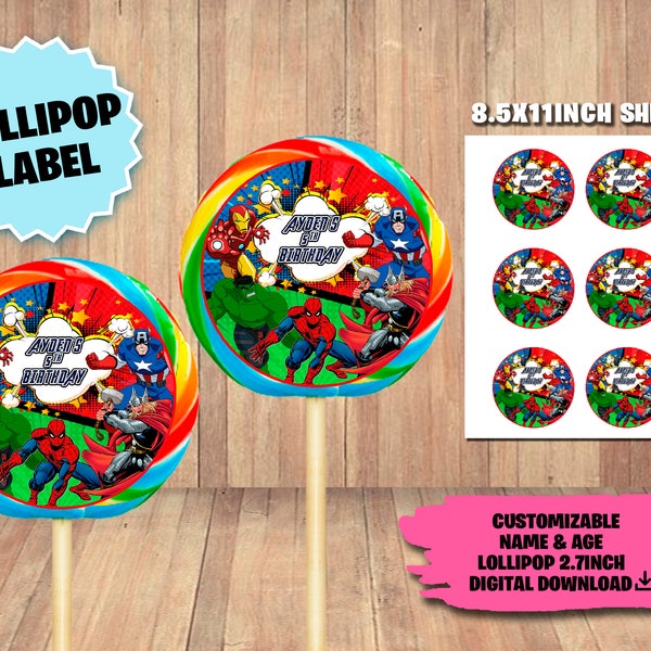 Label For Avengers Party - Lollipop Label - DIGITAL DOWNLOAD - Avengers  Printable -Birthday Supplies - Lollipop labels 2.7in