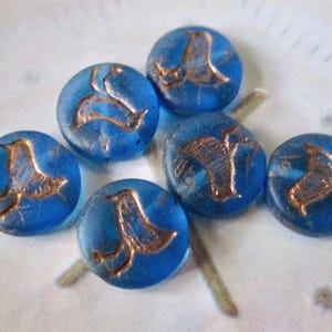5 Matte Capri Blue Czech Glass Coin Beads with Copper Finish Bird 12mm