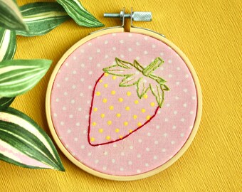 4" Strawberry Embroidery Hoop, Upcycled Fabric Wall Hanging, Cottagecore Decor