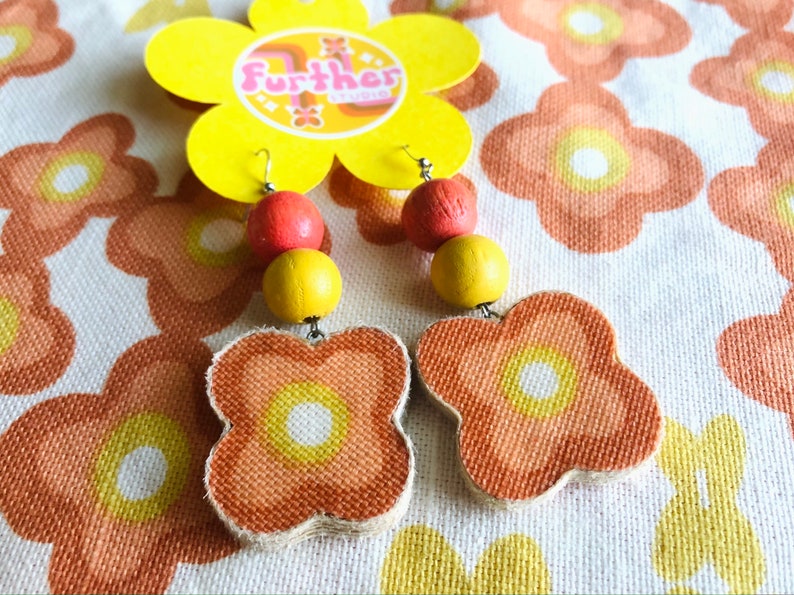 Sustainable Fashion Retro Upcycled Flower Fabric Earrings Vintage Accessories Statement Jewelry