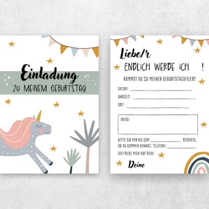 5 / 10 / 15 Stk. Einladungskarte Kindergeburtstag Junge Mädchen Unisex optional mit Umschlägen Einhorn