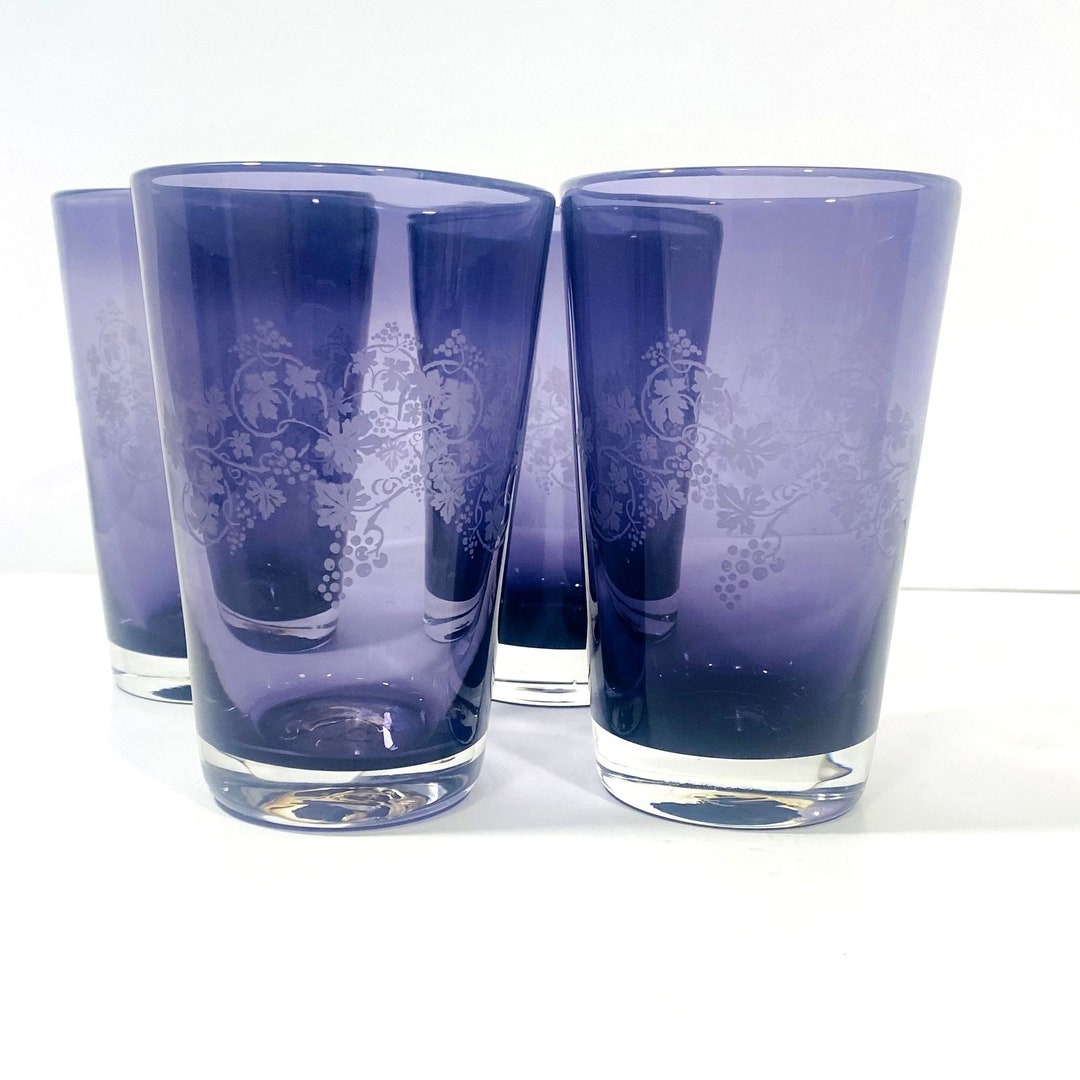 Krosno Polish Glass Purple Amethyst Hand Blown Etched Tumblers Etsy