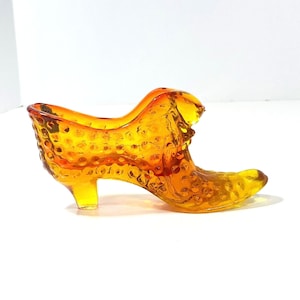 Fenton Glass Cat Head Hobnail Slipper Shoe Vintage Art Glass 6&quot; Amberina