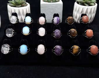Adjustable Gemstone Ring, Quartz, Opal, Lapis Lazuli