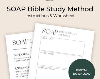 Puede incluir: Dos hojas de trabajo blancas con el texto "SOAP Bible Study Method" e "Instructions & Worksheet". Una hoja de trabajo tiene el desglose del método SOAP: Escritura, Observación, Interpretación y Oración. Un círculo verde dice "Descarga digital".