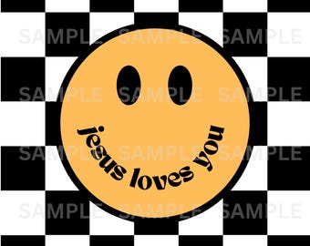 Jesus älskar dig PNG | Orange smiley med rutig bakgrund | Kristen design | Digital nedladdning