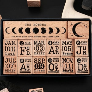 Calendar Wood Rubber Stamps Set Date Month Weather Moon Phase