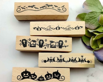 Halloween Rubber Stamp Strip: Pumpkins, Bats, Coffins (2x8cm)