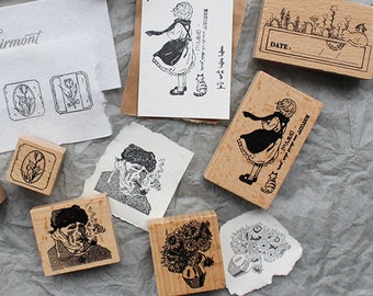 Van Gogh Series Wood Rubber Stamp Sunflower Tulips Girl Flowers Stamp For Bujo Decoration Card Making Scrapbooking 7 Style