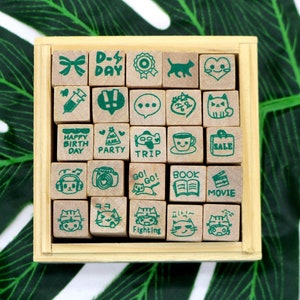 Happy Life Diary Stamp Set With Wooden Box, Planner Rubber Stamps, Journal Stamps 25pcs