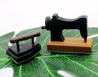 Retro Iron & Sewing Machine Rubber Stamp - French Merci Wooden Stamps
