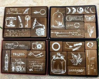 Vintage Wood Rubber Stamps Set For Journal Diary Notebook Decorating Scrapbooking Card Making 4 Styles