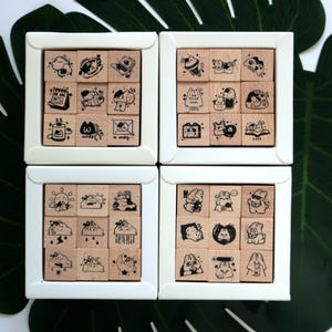 Set di timbri di giornale carini da 9 pezzi, a forma di coniglio e gatto, in gomma di legno, per la decorazione di diari, planner, 6 stili, emoji meteo, piano giornaliero