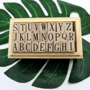 Jeu de 26 tampons lettres, boîte en bois, tampons alphabet en caoutchouc vintage, tampons pour journaux