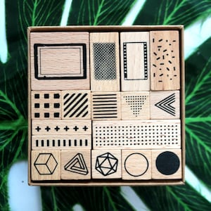 Geometry Stamp Set of 17pcs Line Geometric Figure Wood Rubber Stamps for Journal Diay Scrapbook Card Making Tool