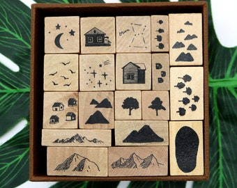 Card Making DIY Journaling Stamps Set, Wood Rubber Stamp Horse, Tree, Mount,Star, Moon