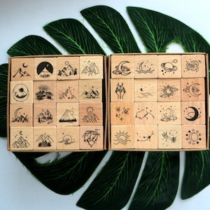 Jeu de tampons Soleil Lune Etoiles Montagnes Tampons en caoutchouc en bois pour la fabrication de cartes Scrapbooking Journalisation 2 styles