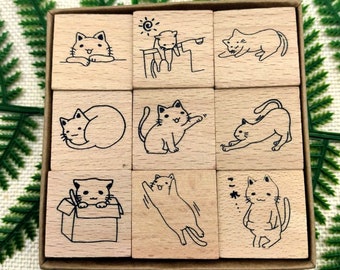 9pcs Cute Cats Wood Rubber Stamp Set For Diary Journal DIY Decoration