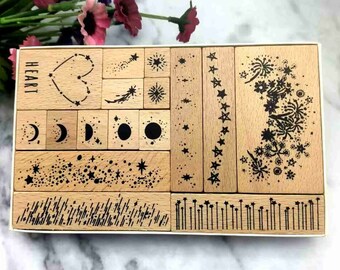 Fireworks Wood Rubber Stamps Set Stars Moon Stamps Card Making Scrapbooking Album Filofax Journal Decorating  16pcs