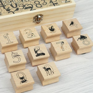 Animals Numbers Rubber Stamp Set, Wooden Stamps Box, Gift for Girls, Kids. Paper Decorating