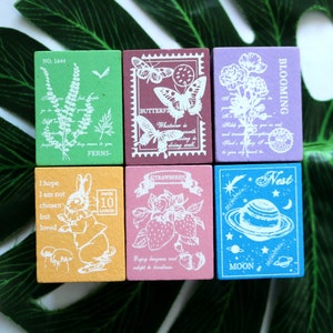 Timbro postale in legno, timbro in gomma per carta, timbratura, decorazione, biglietti, scrapbooking, farfalle, fiori, conigli, luna, stile 8