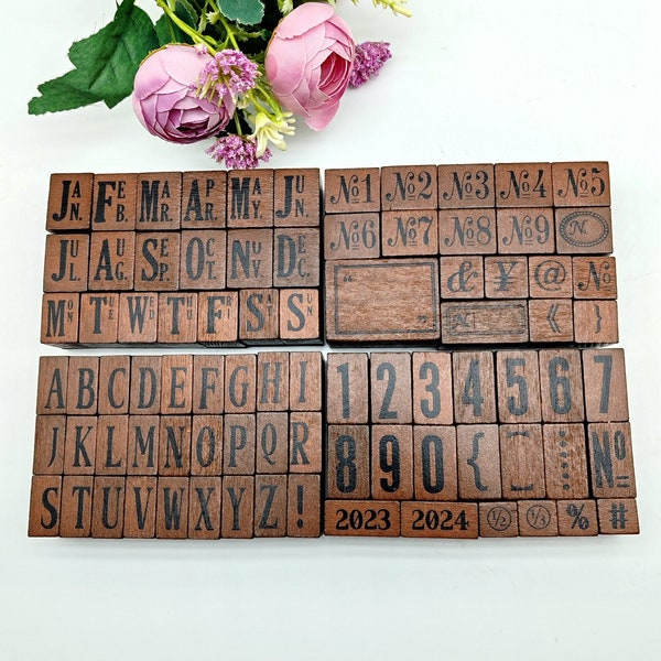 Set de tampons en caoutchouc : boîte en bois, chiffres, lettres de l'alphabet, fabrication de cartes, scrapbooking