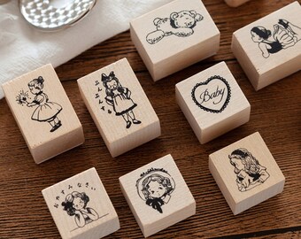 Cute Girl Diary Stamp Wooden Rubber Stamp Scrapbook Journal Decoration 9 Style