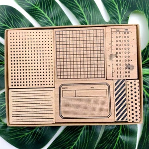Set di timbri in gomma per pianificatori da 7 pezzi, timbri a reticolo spaziale, timbri per programma, timbri in gomma di legno per pianificare, diari, promemoria, strumenti decorativi