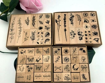 Floral Wooden Rubber Stamp Set: Botanical Card Making Supplies
