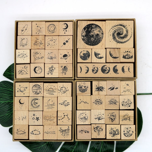 Moon Stars Wood Rubber Stamps Set For Card Making Scrapbooking Decorative Journal Diary Sketchbook DIY Tool 5 Styles Clouds, Moon Phase