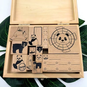 Carimbos de urso panda com caixa de madeira, conjunto de carimbos de planejador de 12 peças, diário decorativo, ferramenta para fazer cartões de scrapbooking