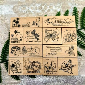 Set di timbri in gomma di legno vintage da 3 pezzi per diario, decorazione, creazione di biglietti, scrapbooking, fai da te, 6 stili, farfalla floreale, astronauta