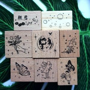 Tampon en bois mignon pour la fabrication de cartes, scrapbooking, tenue de journal, décoration fille, fleur, papillon, étoiles, 8, style