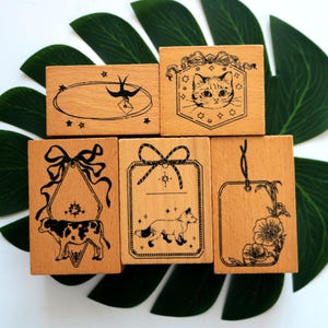 Etiquettes pour fabrication de cartes, bois, tampon, album, décoration, animaux, chaton, hirondelle, vache, fleurs, bricolage, 6, style