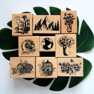 Drewniany stempel gumowy do dekoracyjnego dziennika, pamiętnika, scrapbookingu, tworzenia kartek, 9 stylów, wazon, kosz na kwiaty, klatka dla ptaków, czajniczek górski, kawa, księżyc