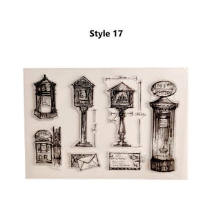 Juego de sellos vintage: creación de tarjetas, scrapbooking, diario, buzón, farola, 18 estilos Style 17