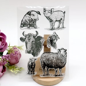 Animali Timbri in gomma Set Scrapbooking Journaling Maiali, bovini, pecore fai da te