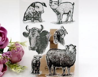 Conjunto de sellos de goma de animales, álbum de recortes, diario, cerdos, ganado, ovejas, bricolaje