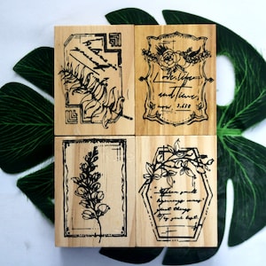 Floral Rubber Stamp Set: Vintage Leaf Wooden Stamps