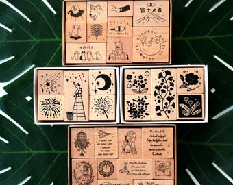 Wood Rubber Stamp Set: Floral, Animal, Firework Card Making Journaling Scrapbooking
