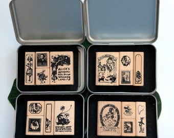 Retro Wooden Rubber Stamp Set: Alice in Wonderland & Wizard of Oz